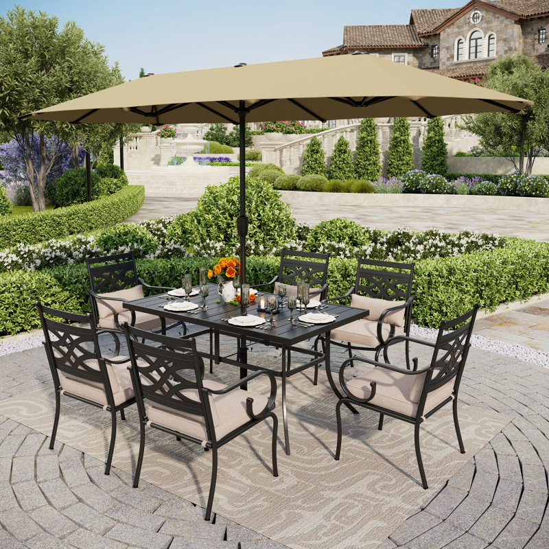 Aivo 6 - Person Rectangular Outdoor Patio Dining Set with Umbrella, Cushions & Pillows, Beige