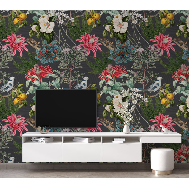 Papier peint oiseaux et fleurs botaniques foncés, l 24 po x L 100 po