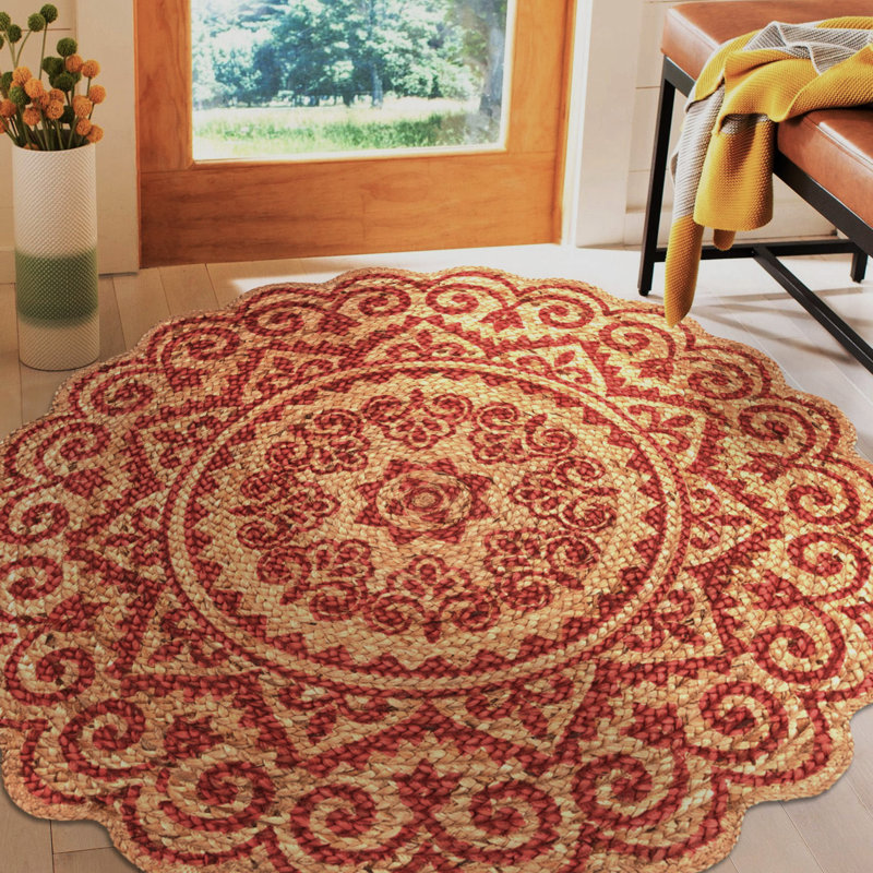 Tapis rouge en jute tressé à la main Detri, Rond 4 pi