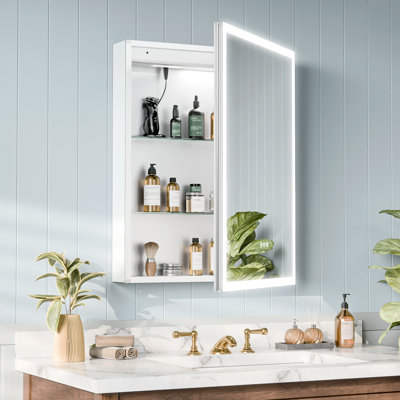 Armoire à pharmacie encastrée ou à surface avec miroir DEL, désembueur, capteur tactile, gradateur, prises et USB