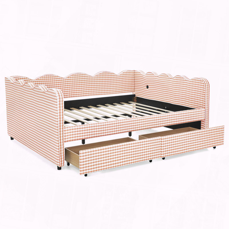 Gingham Daybed Storage Drawers USB Port Wave Shaped Linen Fabric, Pink, Queen