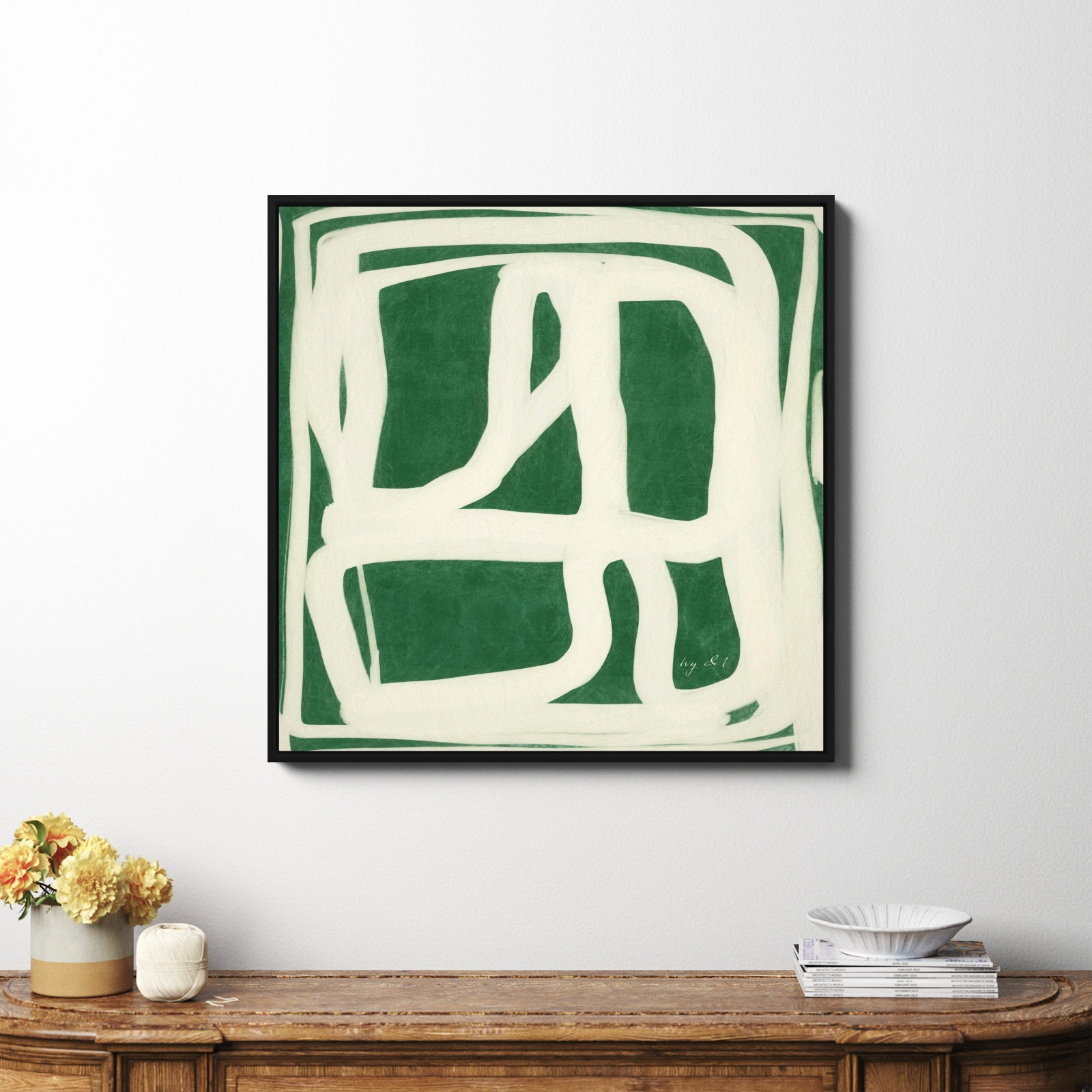 Green White Movement by Ivy&I, Black Framed Canvas, No, 36" H x 36" W x 2" D