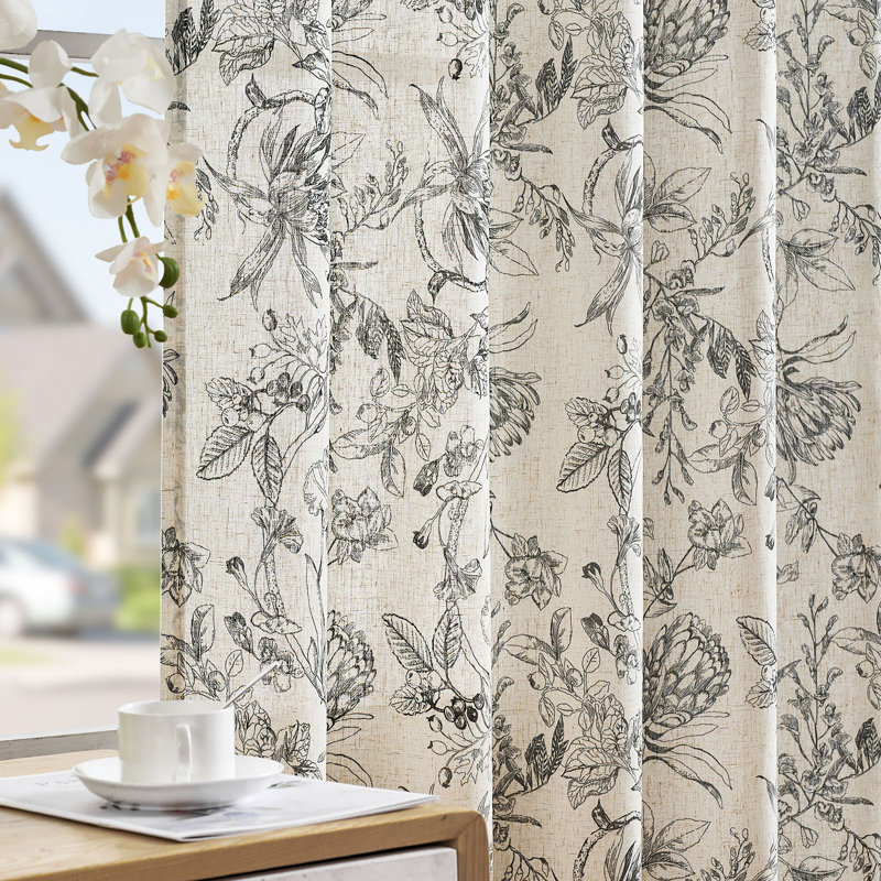Floral Linen Blend Farmhouse Rod Pocket Curtains, 50" W x 96" L, Black