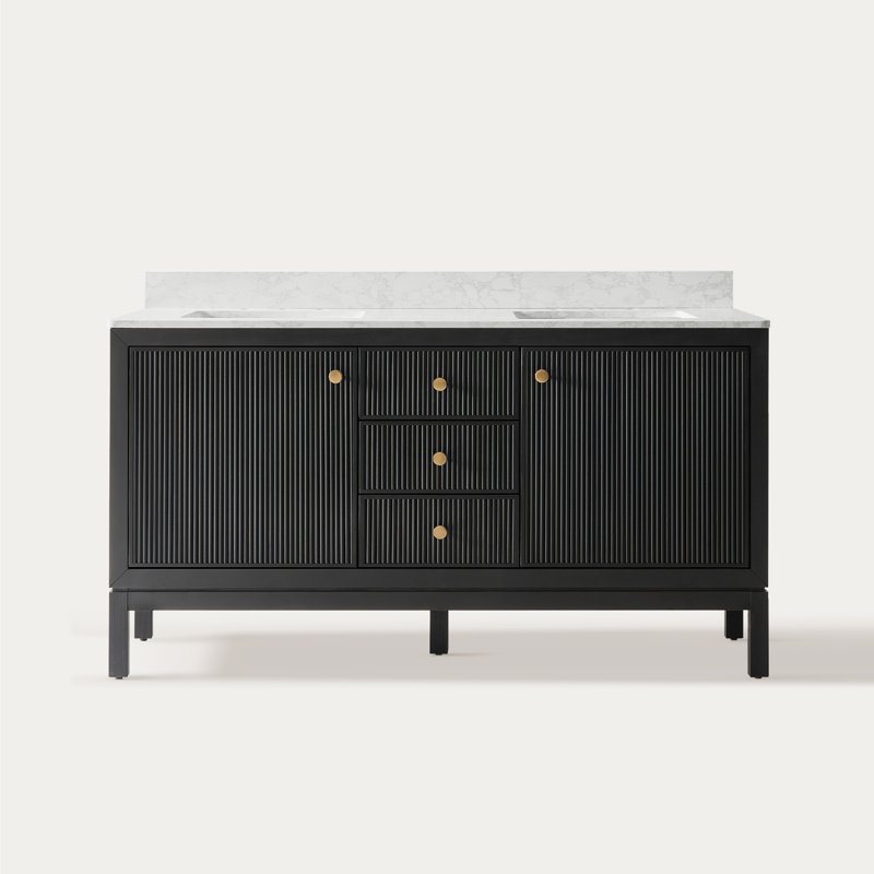 Meuble-lavabo double de 63 po avec comptoir en marbre reconstitué