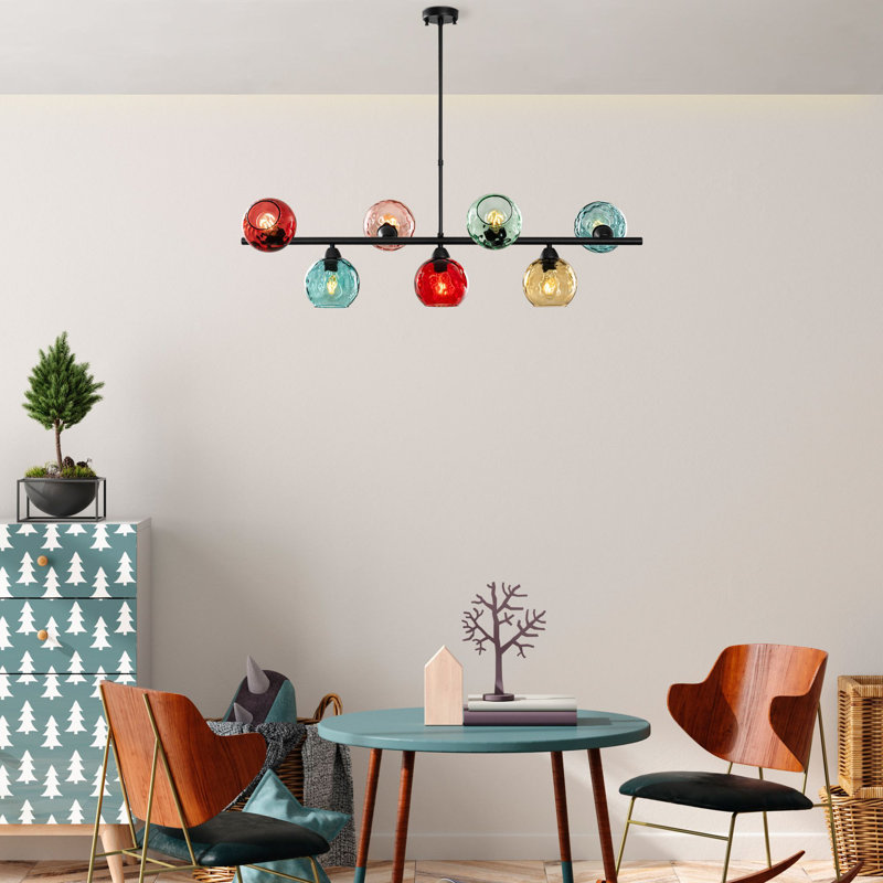 Multicolor & Black Metal Chandelier, 43.3 x 15.7 x 33.1 inches | 7 x E27 Socket (Max 40W) | Elegant Design with Glass Cap | Perfect for Living Room & Dining Room, IP20 Rated, Bulb Not Included