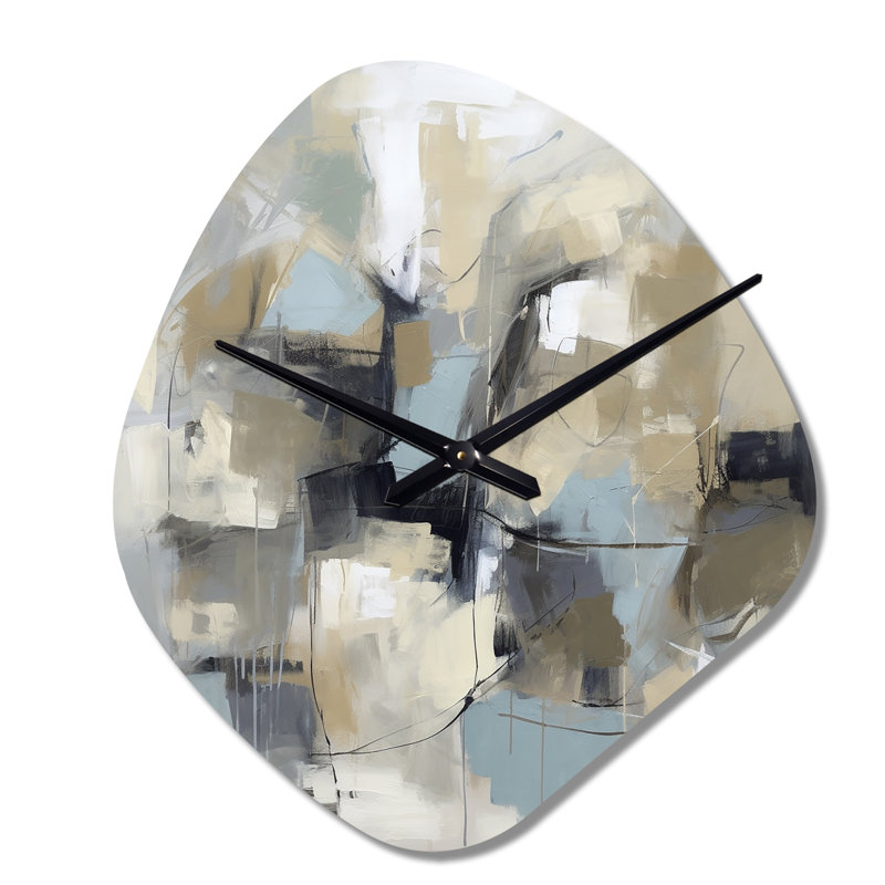 Beige et gris - Créature sans limite I - peinture abstraite, horloge murale en métal, horloge murale moderne asymétrique
