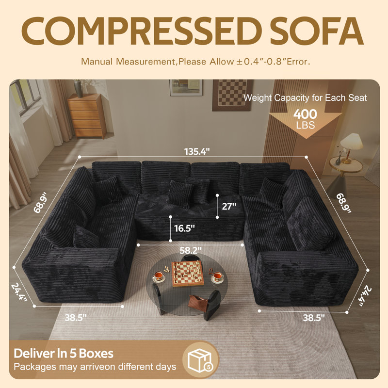 Canapé modulaire en U avec support à ressort Billie Corduroy, Velours côtelé noir