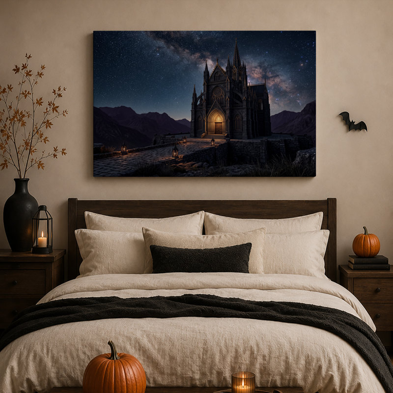 Cathédrale de pierre illuminée sous un ciel étoilé - Toile murale d'Halloween, 24"H x 36"W