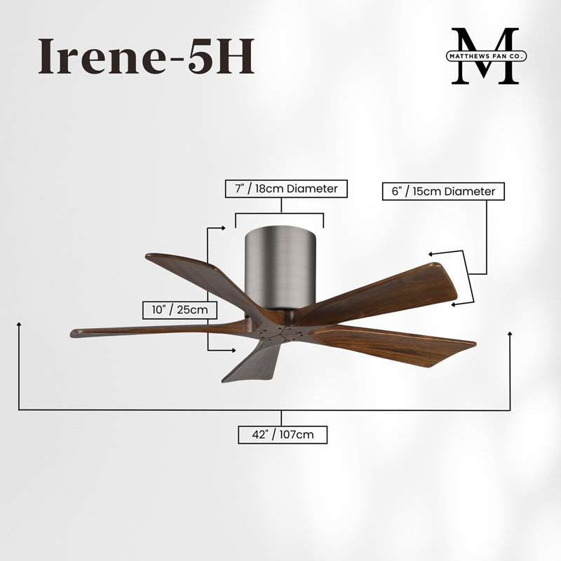 60" Irene 5-Blade Hugger Ceiling Fan with Wall Remote, Brushed Pewter, 42", Walnut Tone