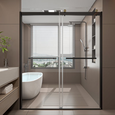 Porte de douche coulissante double sans cadre de 56 à 60 po x H 74 po avec verre trempé transparent antidéflagrant de 5/16 po (8 mm)