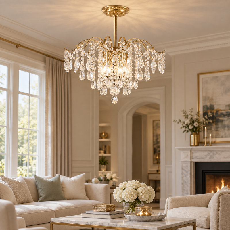 Lustre en fer doré et cristal à 6 lumières de 50 cm (19,7 po) avec chaîne réglable pour salle à manger, salon et entrée, gold
