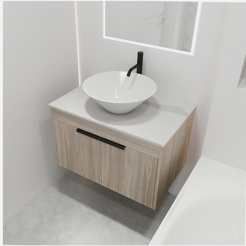 Lavabo de salle de bain suspendu moderne de 30 pouces avec ensemble de bols en céramique, bol mural en chêne blanc avec porte à fermeture douce, 2 paquets
