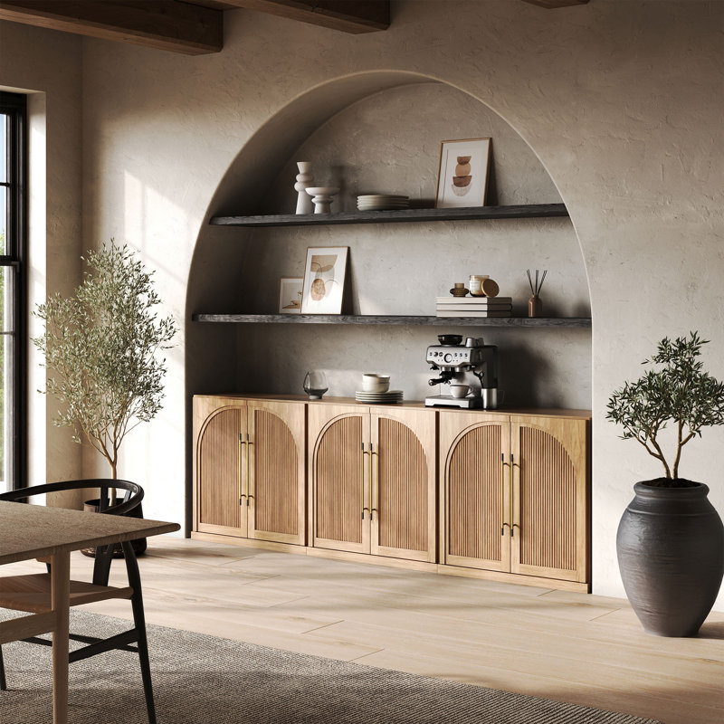 Ensemble de 3 buffets modulaires avec portes en bois à double arc, brun clair, Chameau