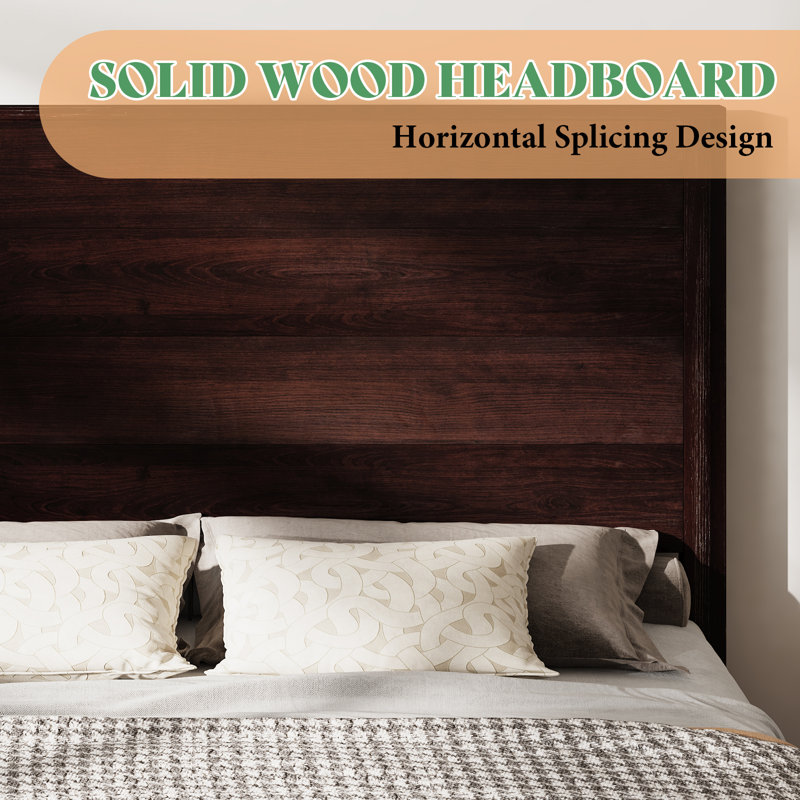 Queen Dark Brown Pine Wood Platform Bed with Tall Headboard