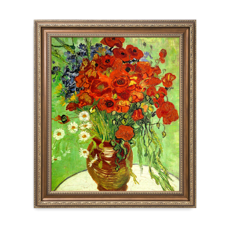 Coquelicots et marguerites rouges, H 20 po x l 24 po, Cadre brun orné
