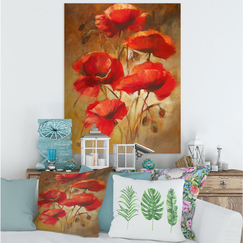 Red Blossoming Poppies IV - peinture sur toile, H 32 po x l 24 po x P 1 po, Toile tendue