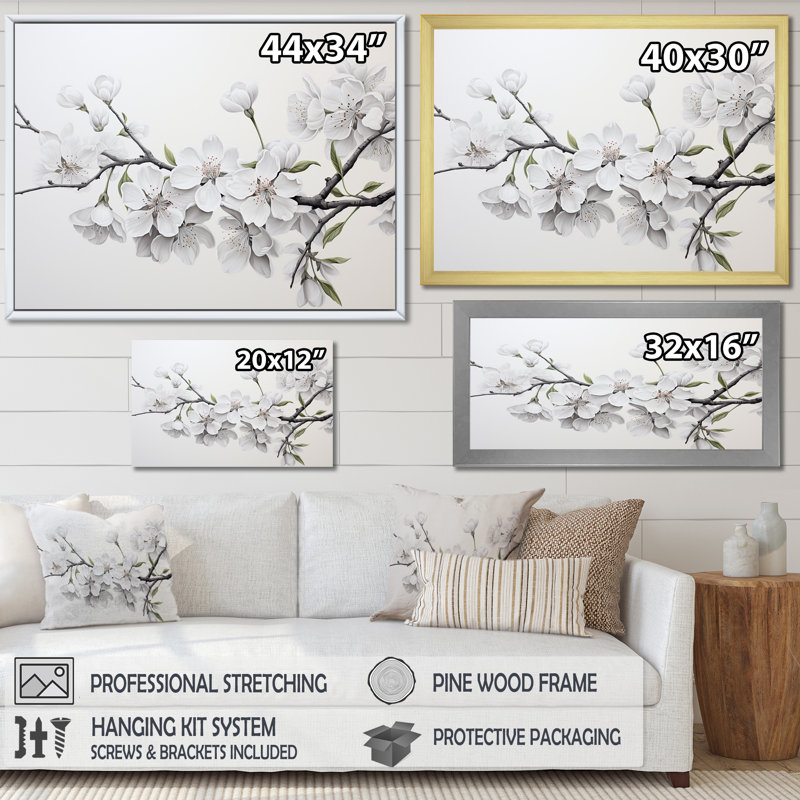 Fleur de cerisier blanc minimaliste et minimaliste II, Cadre doré, H 24 po x l 32 po x P 1 po