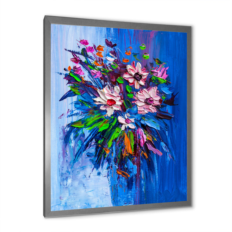 Bouquet bleu de fleurs de marguerite - art mural traditionnel sur toile, H 32 po x l 16 po x P 1 po
