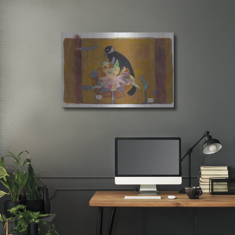 "Oiseau noir sur une fleur bronzée 10" par Maria Pietri, H 24 po x l 36 po