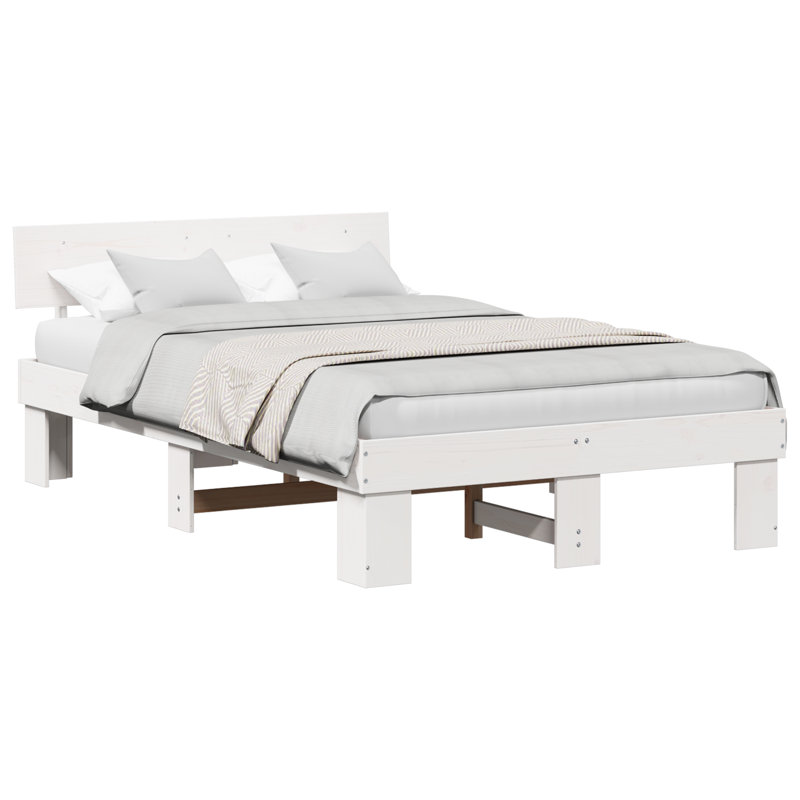 Bed Frame with Headboard Solid Pine Wood, Double (4'6), White