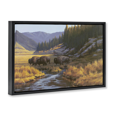 Bison Trailing Serene Stream Framed Floater Canvas Wall Art, design by Paco Young