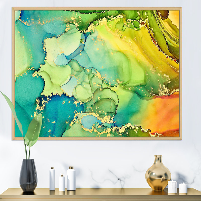 «Green and Yellow Luxury Abstract Fluid Art», peinture sur toile, H 24 po x l 32 po, Cadre flottant, Érable