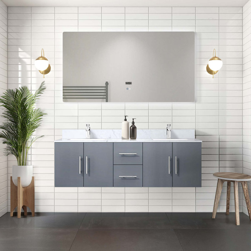 Charmant meuble-lavabo double avec miroir à DEL intégré et rangement abondant, Gris foncé