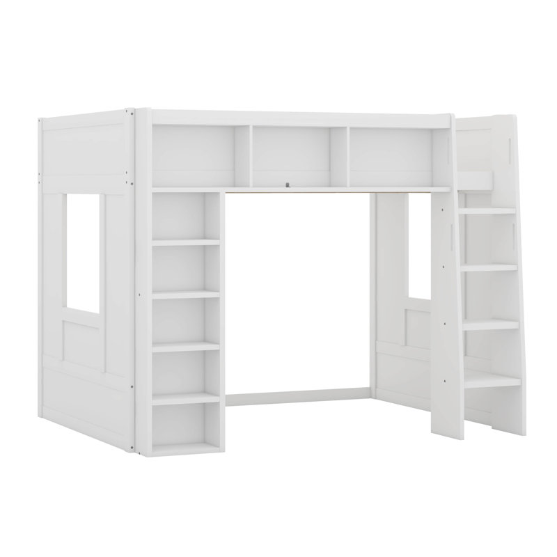Queen Size Wooden Loft Bed With Storage Cabinets And Shelves, White