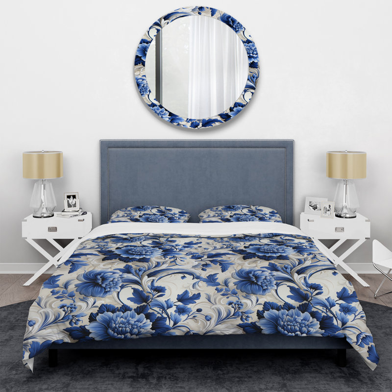 Cobalt Blue Lacework Scrolls Victorian Pattern II - Ensemble de housse de couette à motif floral