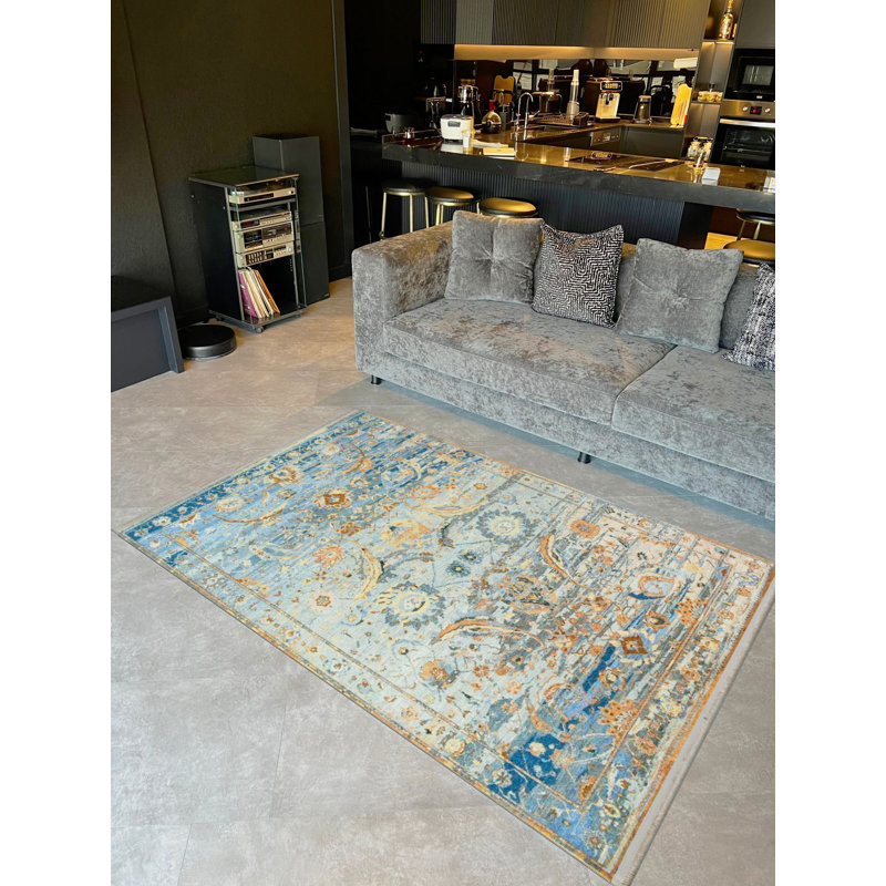 Tapis bleu à motif abstrait et motif traditionnel rétro de la collection Barcelona, Rectangle 3'9.81" x 4'11.06"