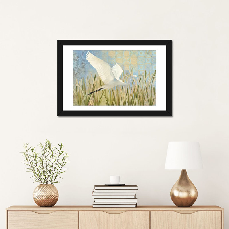 «Snowy Egret in Flight», impression sur toile, H 18 po x l 26 po x P 1,5 po, Toile avec cadre noir, Pas de tapis