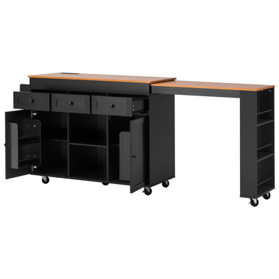 85.5" Kitchen Island with Extendable Dining Table, Kitchen Storage Table with 3 Side Open Shelves, Rolling Kitchen Island with Power Outlet, 3 Drawers