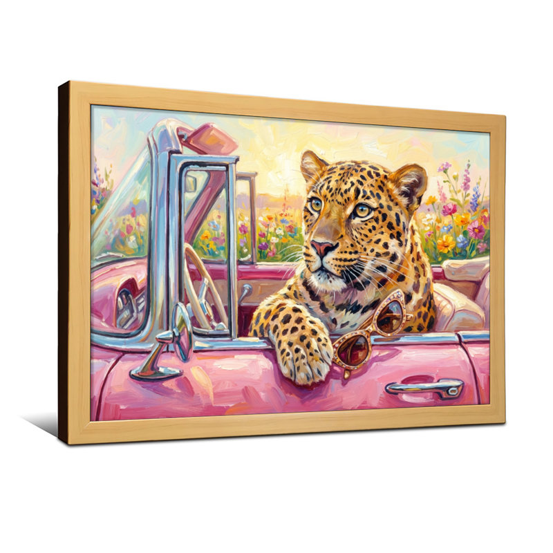 Animaux léopard dans une voiture rose avec lunettes de soleil, H 20 po x l 30 po, Toile tendue, Ne s’applique pas