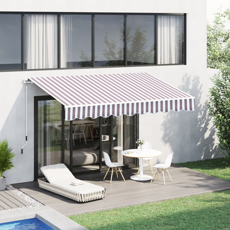 Auvent de patio 10 'x 8' - Pare-soleil rétractable avec manivelle manuelle, et tissu hydrofuge, structure en aluminium, rayures café pour terrasse, balcon, cour avec cadre à eau, abri à rayures
