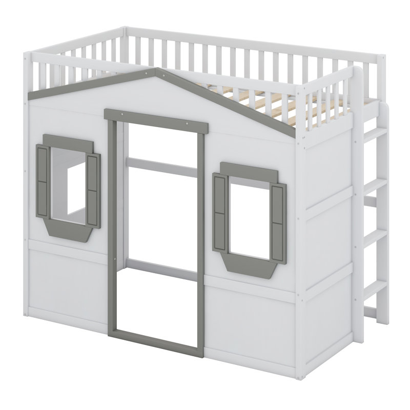 House Loft Bed With Ladder, White/Gray