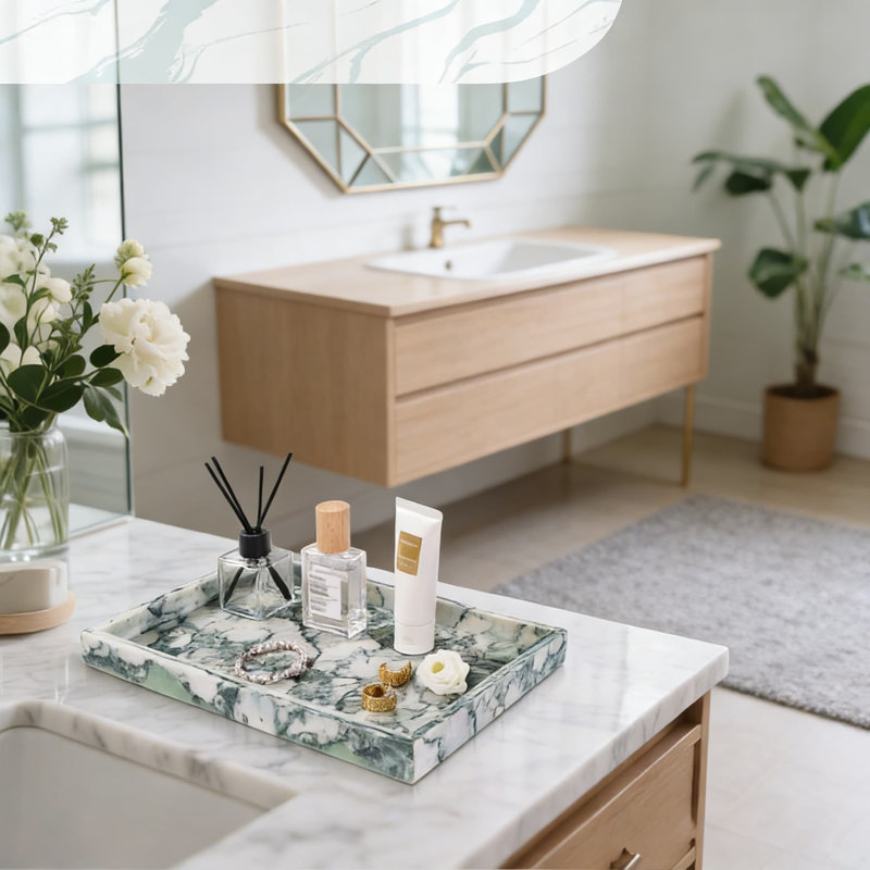 Natural Marble Vanity Tray - Multi-Purpose Bathroom Countertop Organizer For Jewelry, Perfume, And Home Decor, Non-Slip Stone Catchall Tray