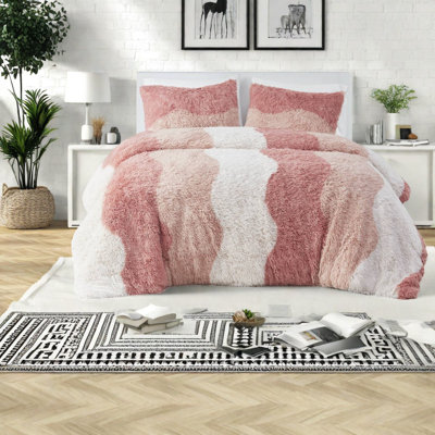 Ensembles de literie douillets avec fausse fourrure à poil long dégradé, simple / simple TG, rosé multicolore
