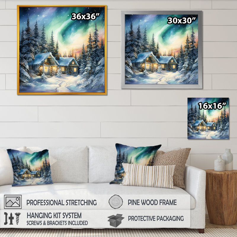 Impression sur toile Northern Lights Charm In Winter II - Northern Lights, Cadre flottant doré, H 24 po x l 24 po x P 1 po