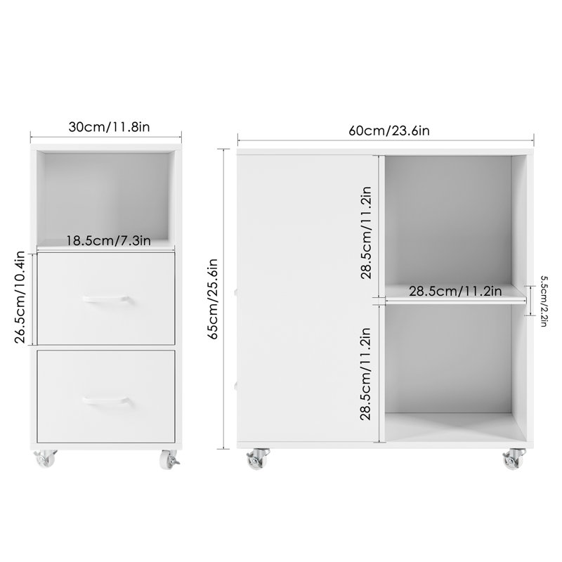 Living Room End Table with Wheels and Drawers Set, White