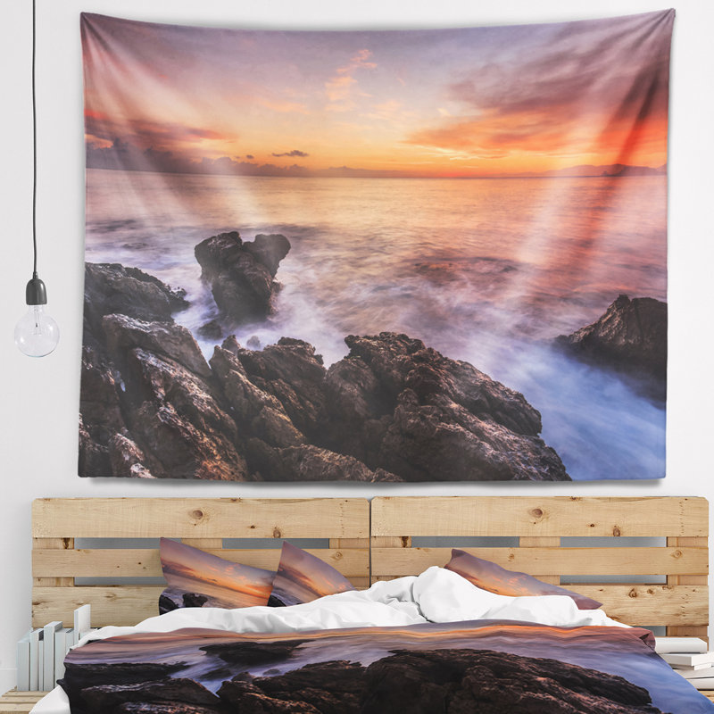 Tapisserie de plage au lever du soleil sur la côte de la Sicile, H 50 po x l 60 po