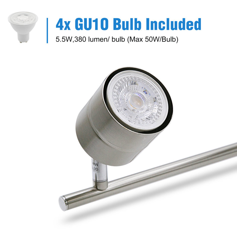 4-Light Track Light, Brushed Nickel Fixed Track Rail with Cylinder Head and Gu10 Bulb