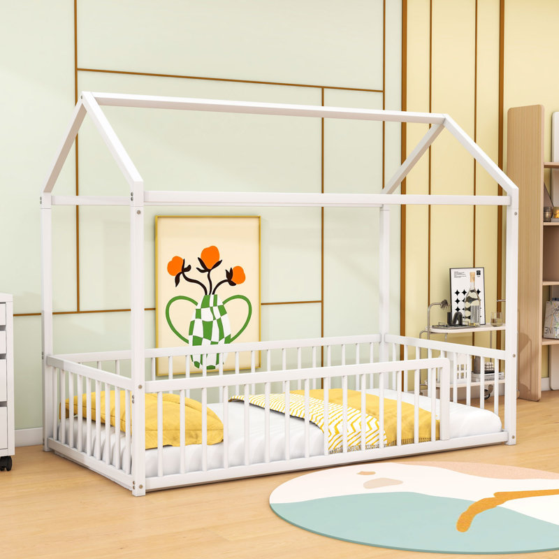Metal Floor Bed Frame With Fence, Twin, White