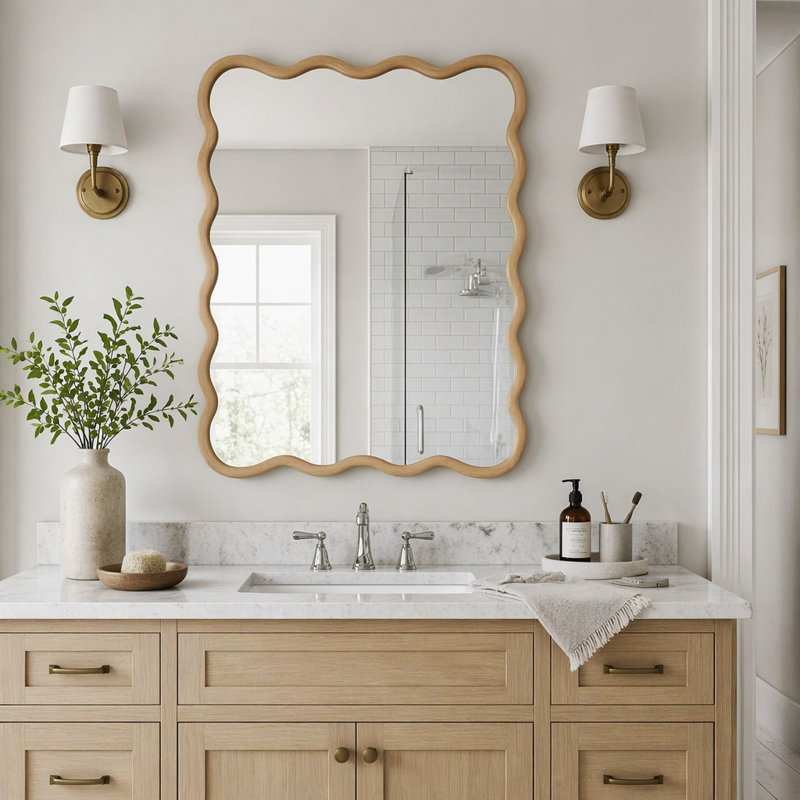 Wavy Rectangle Solid Wood Frame Decorative Mirror For Bedroom, Bathroom, Living Room, Entryway, Natural, 40" x 30"