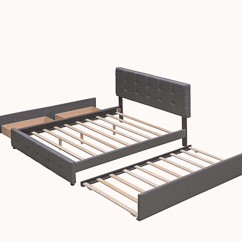 Lit plateforme tapissier avec 2 tiroirs et 1 lit gigogne simple TG, tissu de lin, grand lit - gris foncé, Gris foncé