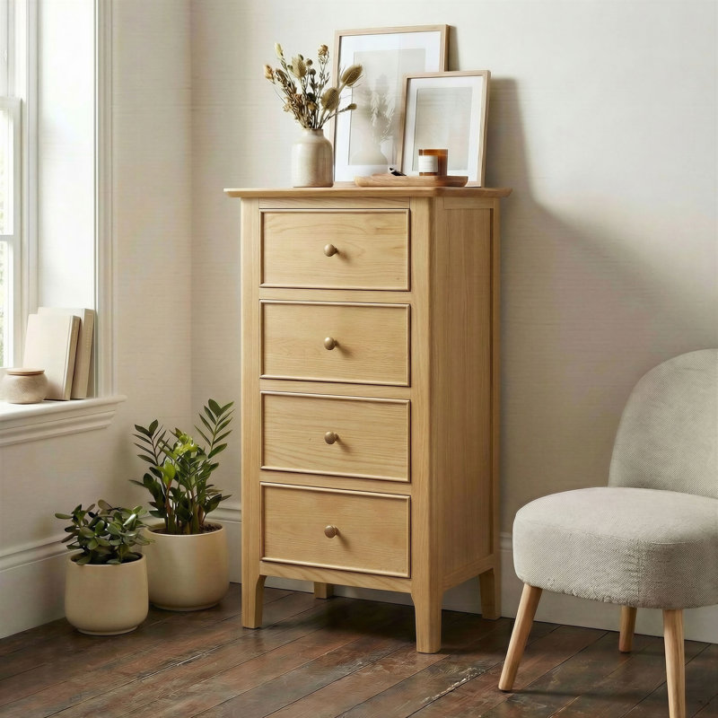 Bodkin Wooden Rustic Tallboy Chest of Drawers - Traditional Farmhouse Style, 95cm H x 50cm W x 40cm D, Oak
