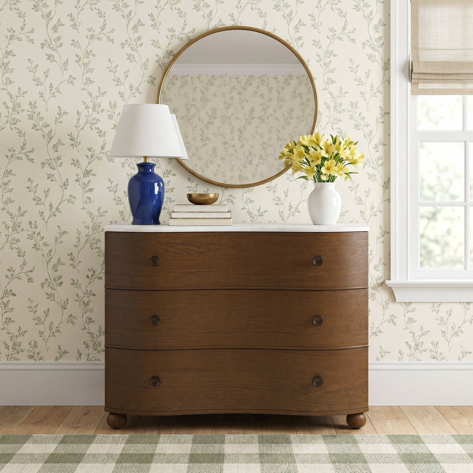 Tariel 3 - Drawer Dresser, Toasted Oak/Polished White Marble