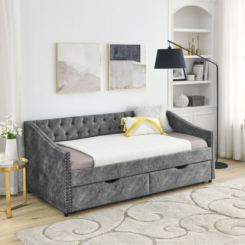 Twin Size Daybed With Drawers Upholstered Tufted Sofa Bed, With Button On Back And Copper Nail On Waved Shape Arms, Grey