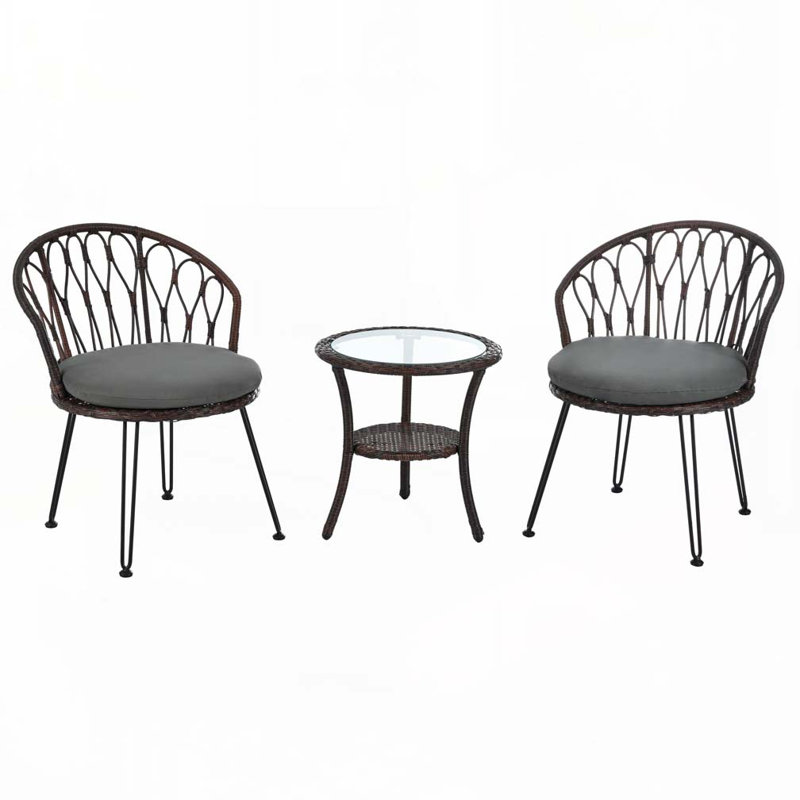 Ensemble de loisirs d'extérieur, 2 chaises simples en rotin avec table ronde en verre, Gris, Brun