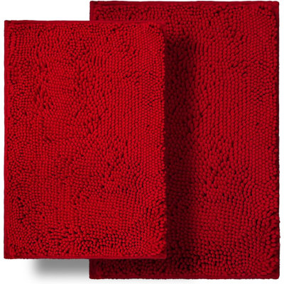 Bathroom Rugs Set 2 Piece, Ultra Soft Absorbent Chenille Bath Mats, Anti-Skid, Machine Washable, Red