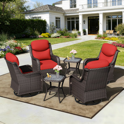 Adcox 4-Person Outdoor Rattan Patio Seating Group With 2 Side Table, 4 Swivel Chairs and Red Cushions